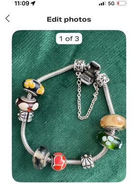 Pandora Charm Bracelet 19cm w 6 Murano + 2 gold tone spacers + Safety Chain